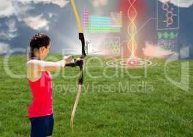 Archer woman aiming the futuristic dna chain in the field
