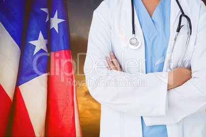 Doctor against american flag