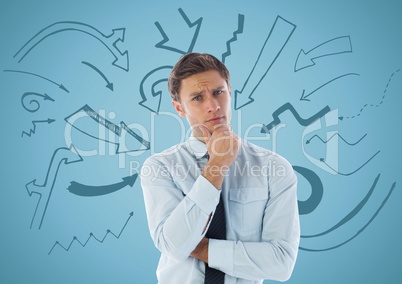Business man thinking against arrow graphics and blue background