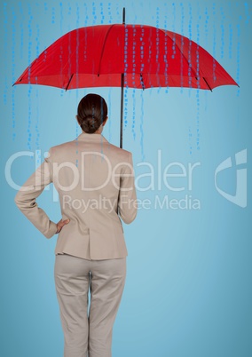 Back of business woman with umbrella against blue background and blue code