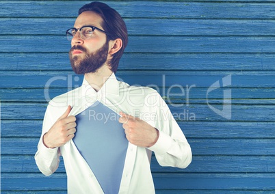 hipster opening the t-shirt with blue wood background