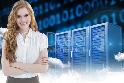 Business woman with arm crossed against the server room