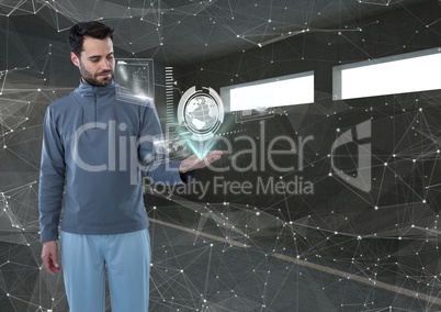 Futuristic man in a futuristic room interface the world.
