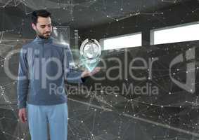 Futuristic man in a futuristic room interface the world.