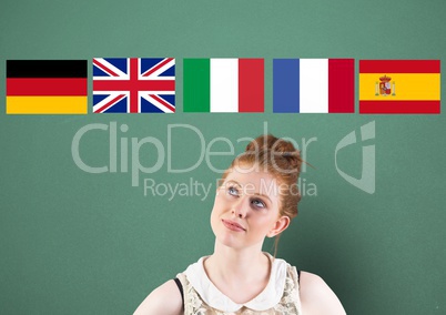 main language flags over young woman thinking. Green background