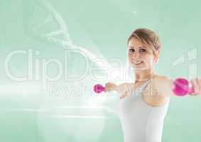 Woman with weight and green dna chain background