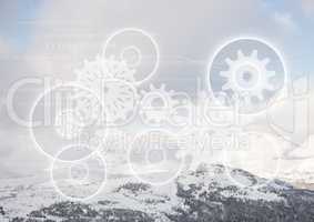 White gear graphics against snowy mountain tops