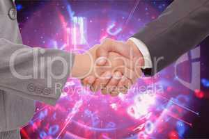 Handshake between two businessmen against futuristic background