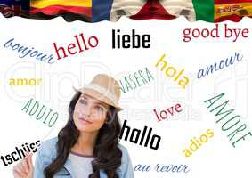 main language flags over young woman with white and words background