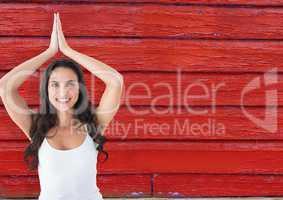 fitness woman, yoga with red wood background