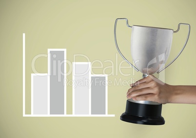 Cropped hand holding trophy against graph Cropped hand holding trophy against graph