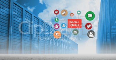 Digital composite image of servers with social media text and symbols against sky