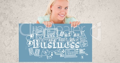 Portrait of beautiful woman holding billboard with business text and symbols while standing against