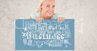 Portrait of beautiful woman holding billboard with business text and symbols while standing against