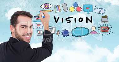 Digital composite image of young businessman drawing symbols with vision text