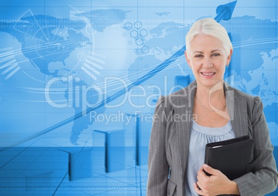 Digital image of businesswoman holding file folder while standing against graph and world map