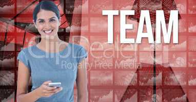 Digital image of businesswoman standing by team text against graphs