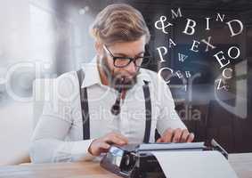 Hipster man  on typewriter with letters in work space