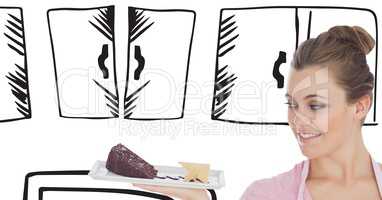 Cook woman looking the cake and an illustration kitchen background
