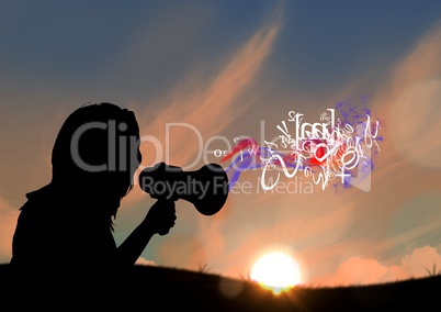 woman with megaphone silhouette in sunset with text and smoke coming up from the megaphone