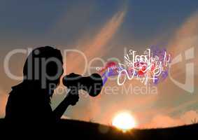 woman with megaphone silhouette in sunset with text and smoke coming up from the megaphone
