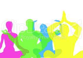 Intense color silhouettes doing yoga  with opacity. White background
