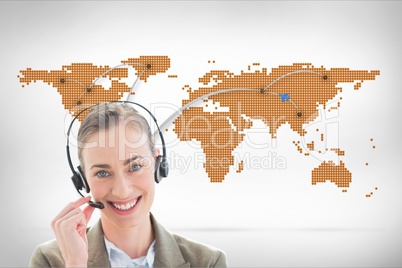 models wearing Head set against world wide map background