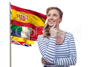 main language flags near young woman thinking