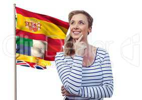 main language flags near young woman thinking