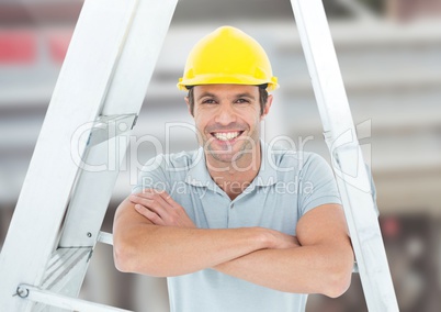 Construction Worker under ladder in front of construction site