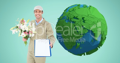 Casual man with a form and flowers in front of a drawing of earth
