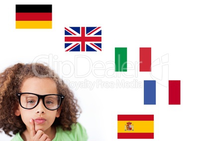 main language flags around girl