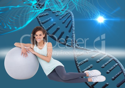 aerobic woman with big ball and with dna chain. Blue and lights background