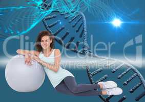 aerobic woman with big ball and with dna chain. Blue and lights background
