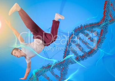 Dancer with blue and red dna chain in a blue background and blue and orange lights