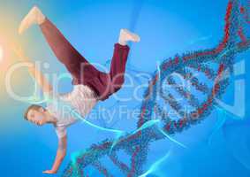 Dancer with blue and red dna chain in a blue background and blue and orange lights