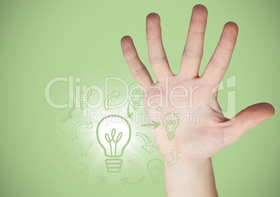 Hand next to lightbulb doodles and flare against green background