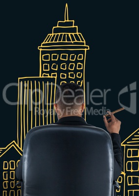 Rear view of businessman sitting on chair in front of drawn buildings while smoking
