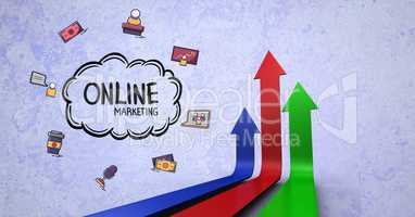 Digital image of online marketing text and symbols with arrows against blue background