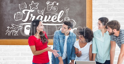 Young people working on laptop while standing against travel text and symbols on board