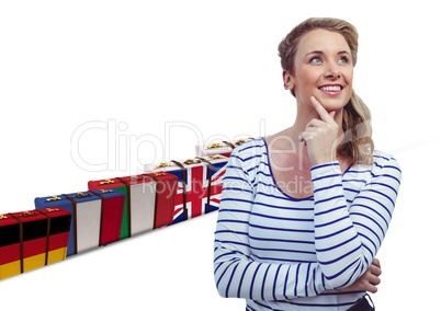 main language flag suitcases behin happy young woman thinking