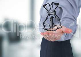 Business woman mid section with grey moneybag doodle in hand in blurry grey office
