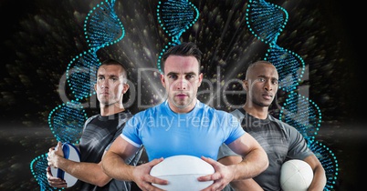 Rugby players with blue DNA chains in a black with lights background