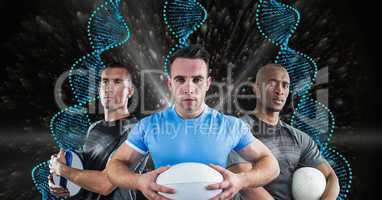 Rugby players with blue DNA chains in a black with lights background