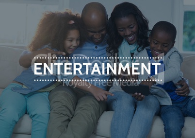 Entertainment text against family with tablet and blue overlay