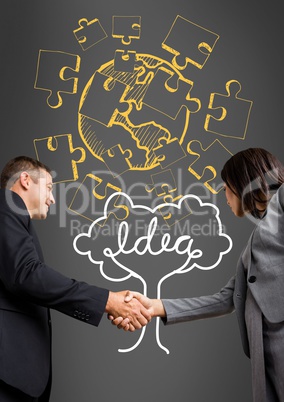 Businessman and businesswoman shaking their hands in front of a grey background with a representatio