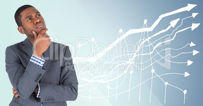 Business man thinking against blue background with white graph