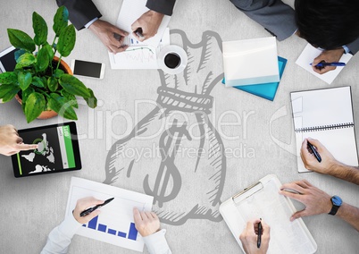 Overhead of business team with white surface and moneybag doodle