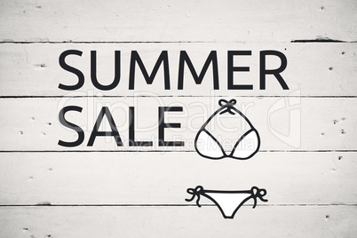 Summer sale text and white bikini graphic against white wood panel