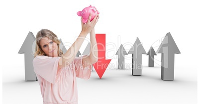 Broke woman with piggy-bank trying get money. empty pocket concept. arrows on back